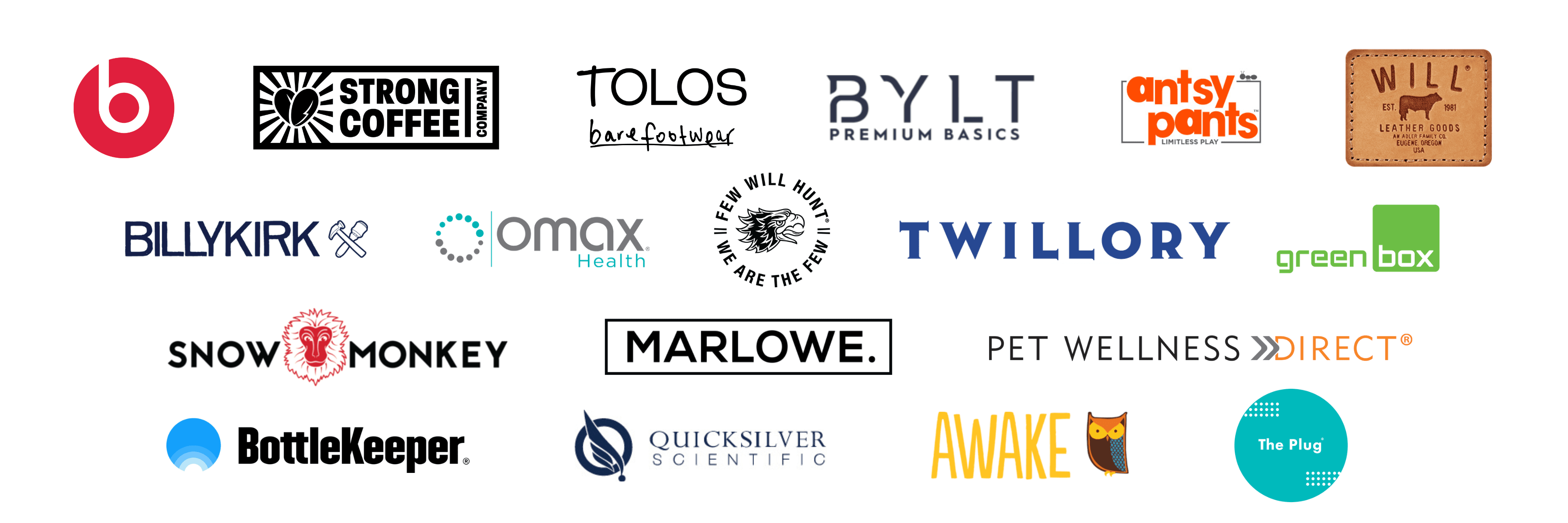 Client logos including Beats, Strong Coffee, BYLT, Twillory, Omax Health, Few Will Hunt, Snow Monkey, Marlowe, Pet Wellness Direct, BottleKeeper, and more